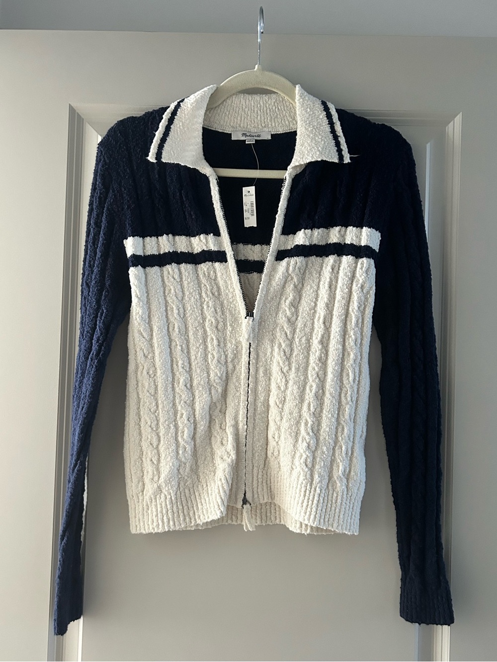 NWT Madewell Navy & Ivory Cable Knit Zip Cardigan Sweater – Size Small